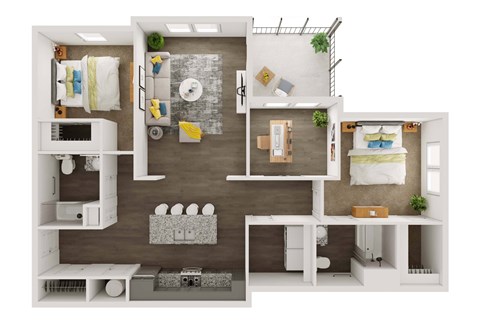 A 3D floor plan of a small apartment with a kitchen, living room, and bedroom.